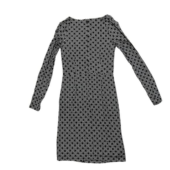 LOFT Black and White Mosaic Side Pleat Knee Length Long Sleeve Dress, Size S - Picture 2 of 4